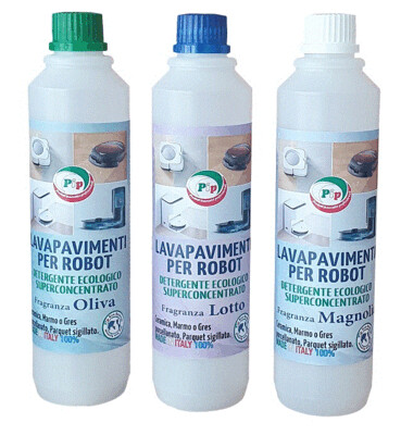 Detergente Lavapavimenti per Robot Pip, Conf. da 3 FL. LT. 0,5 Soluzioni innovative concentrate con Igienizzante, non richiedono risciacquo, compatibili per tutti i tipi di Robot