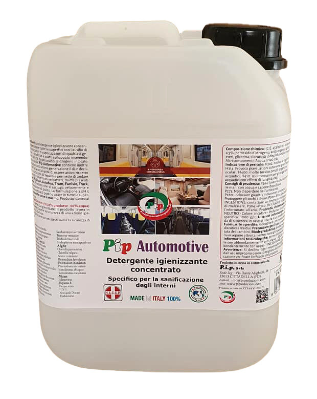 Detergente Igienizzante Auto, Camper, Pullman. Pip Automotive TK. UN LT. 5 pari a 15 LT. Pronto All&#39;Uso