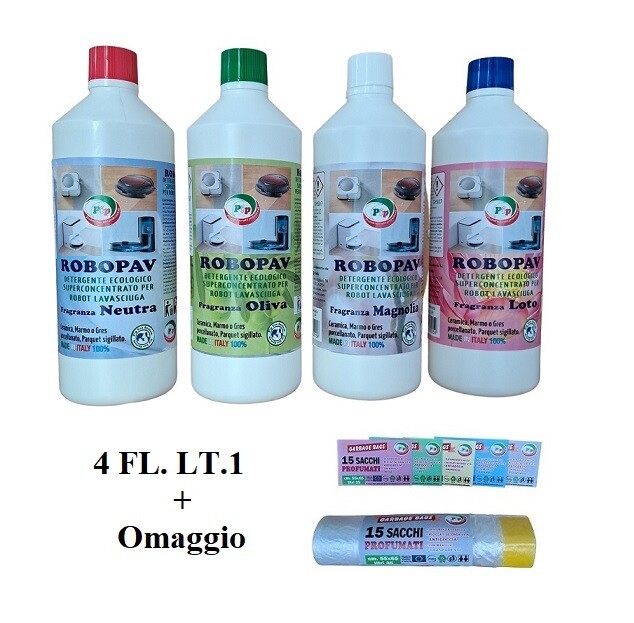 ROBOPAV PIP (NUOVO) Detergente Pavimenti per Robot e Lavasciuga, Concentrato, Senza Risciacquo, Multisuperfice, Compatibile per tutti i Robot, Kit Profumo Assortito, 4 FL. LT.1+ Omaggio