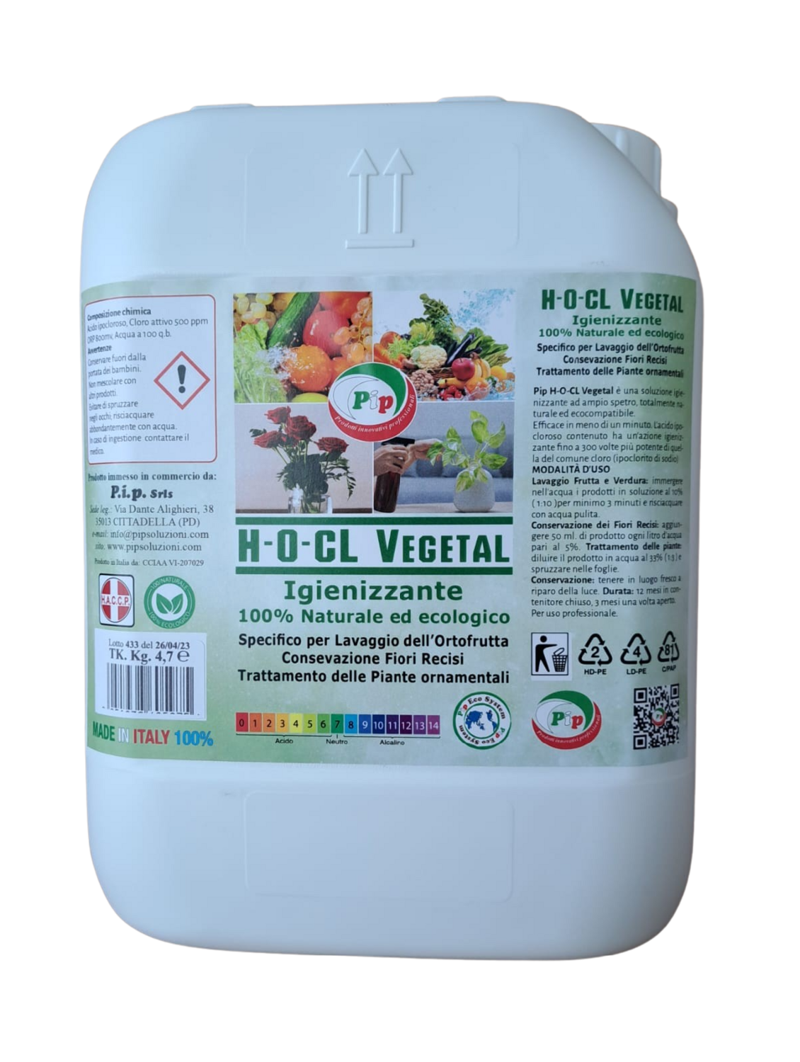 PIP Detergente Igienizzante 100% Naturale ed Ecologico Superconcetrato H-O-CL Vegetal, TK. UN. KG.4,7 - Specifico per il lavaggio dell'ortofrutta, conservazione fiori recisi e piante ornamentali.