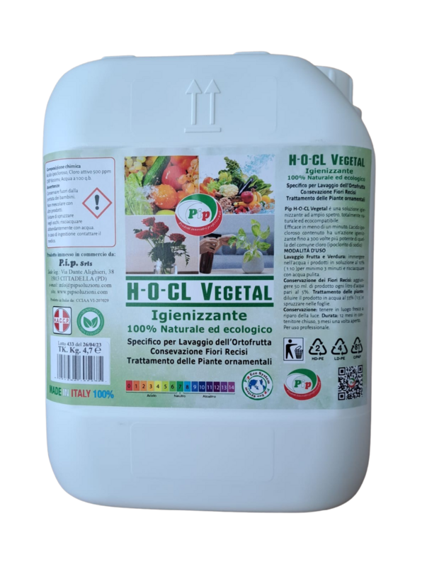 PIP Detergente Igienizzante 100% Naturale ed Ecologico Superconcetrato H-O-CL Vegetal, TK. UN. LT.. 5 - Specifico per il lavaggio dell&#39;ortofrutta, conservazione fiori recisi e piante ornamentali.