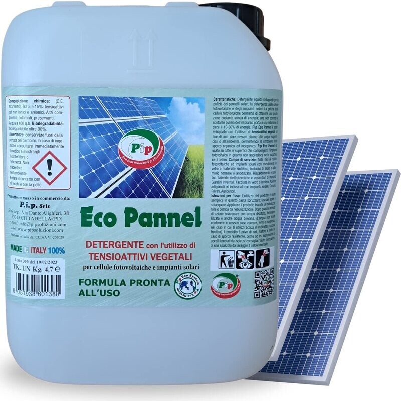 PIP Eco Pannel, Detergente per Pannelli Fotovoltaici Pronto all&#39;Uso, Pulizia Professionale del Pannello Solare, Vegetale ed Ecologico, Tanica da 5 LT. per 50 Mq