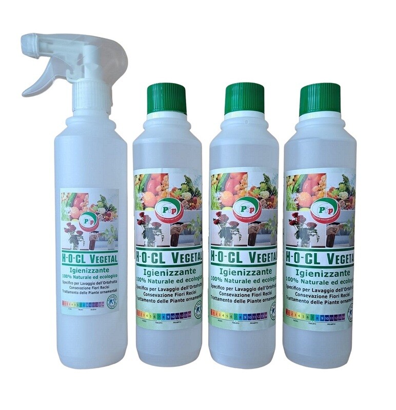 PIP Detergente Igienizzante 100% Naturale ed Ecologico Superconcetrato H-O-CL Vegetal, 3FL.ml.500+ Vapo - Specifico per il lavaggio dell&#39;ortofrutta, conservazione fiori recisi e piante ornamentali.