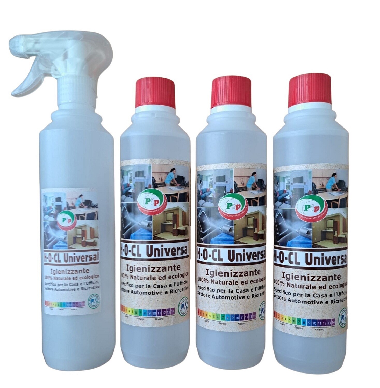 PIP Detergente Igienizzante 100% Naturale ed Ecologico Superconcetrato H-O-CL Universal, Kit 3FL.da ml.500 + Vapo, Specifico per la Casa, Ufficio, settore Automotive e Ricreativo