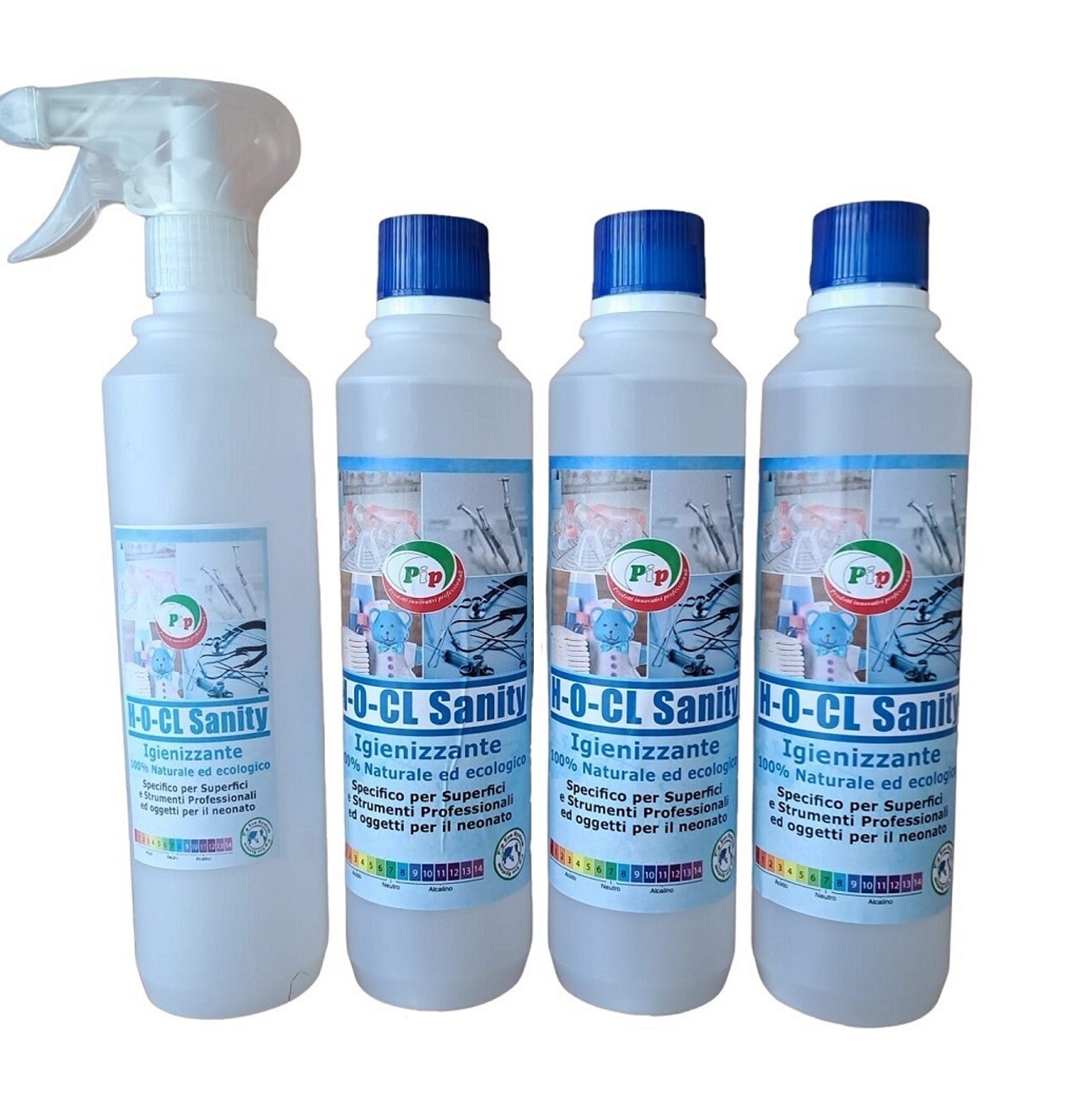 PIP Detergente Igienizzante 100% Naturale ed Ecologico Superconcetrato H-O-CL Sanity, Kit 3FL.da ml.500 + Vapo, Specifico per Superfici, Strumenti Professionali Medici ed Oggetti per il Neonato.
