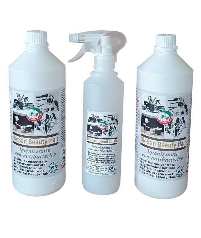 Igienizzante Antibatterico per Strumenti dei Parrucchieri ed Estetiste, PIP BioSan Beauty Hair, No Risciacquo, No Alcolico, a norma HACCP, Naturale, Concentrato 2FL. LT.1  + Vapo, pari a 60 LT. P.Uso