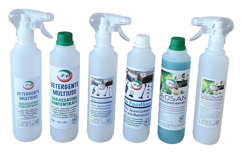 Pulizia, Sanificazione e Deodorizzazione Naturale degli Ambienti Pip House Tris Kit composto da 3 FL. ml.500 Soluzioni concentrate ecologiche, pari a 36 LT. di prodotti pronti all&#39;uso.