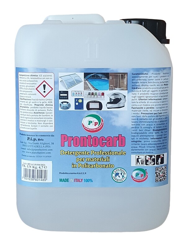 PIP Detergente Policarbonato Prontocarb, Detergente Spray Specifico Barriere Protettive in Plexiglass, Box Doccia, Sedie, Casco Moto, Tettoia, Pulizia Professionale, Pronto all&#39;uso, TK UN LT. 5