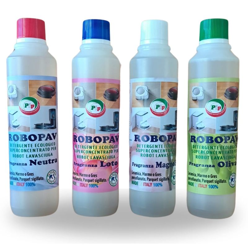ROBOPAV PIP (NUOVO) Detergente Pavimenti per Robot e Lavasciuga, Concentrato, Senza Risciacquo, Multisuperfice, Compatibile per tutti i Robot, Kit Profumo Assortito, 4 FL.da ml.500 + Omaggio