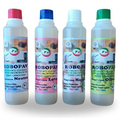 ROBOPAV PIP (NUOVO) Detergente Pavimenti per Robot e Lavasciuga, Concentrato, Senza Risciacquo, Multisuperfice, Compatibile per tutti i Robot, Kit Profumo Assortito, 4 FL.da ml.500 + Omaggio