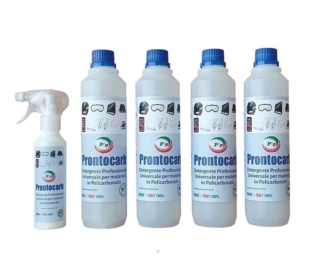 PIP Detergente Policarbonato Prontocarb, Conf.4 FL.da 0,5 LT.+ Vapo Mini, Pronto all&#39;Uso, Specifico Caschi e Occhiali da Sci, Casco e visiera da Moto, Tastiere in PLC e Schermi in LCD.