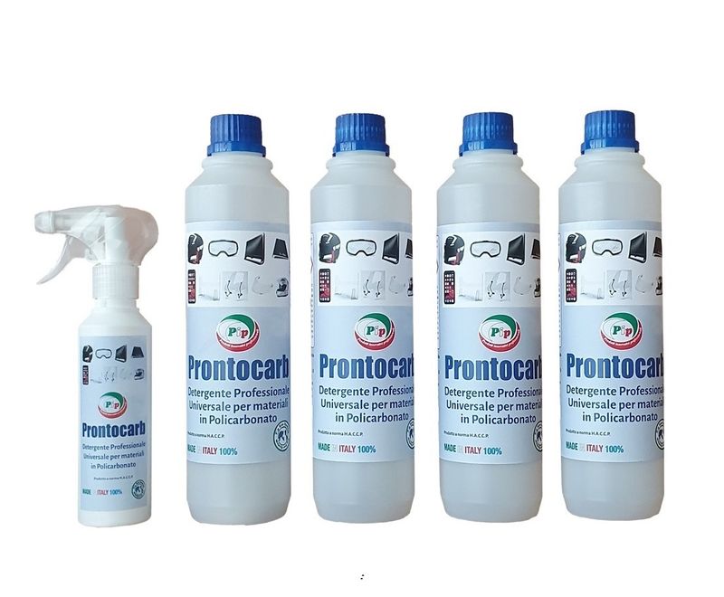 PIP Detergente Policarbonato Prontocarb, Conf.4 FL.da 0,5 LT.+ Vapo Mini, Pronto all&#39;Uso, Specifico Caschi e Occhiali da Sci, Casco e visiera da Moto, Tastiere in PLC e Schermi in LCD.