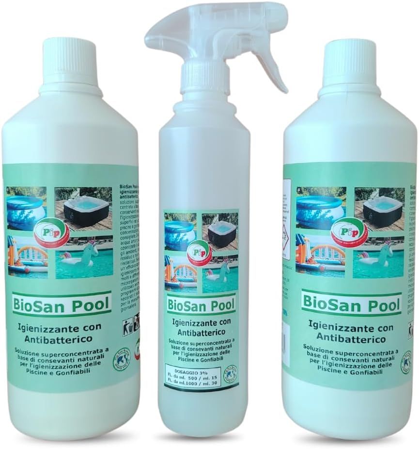 Igienizzante Antibatterico per Piscine e Gonfiabili, Pip BioSan Pool No Risciacquo, a norma HACCP, Concetrato  2FL.LT.1 + Vapo pari a 60 Lt. P.Uso