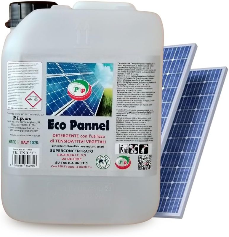 PIP Eco Pannel, Detergente per Pannelli Fotovoltaici Ricarica Concentrato LT. 0,5 da Diluire in Tanica da 5 Litri. Pulizia Professionale del Pannello Solare, Vegetale ed Ecologico
