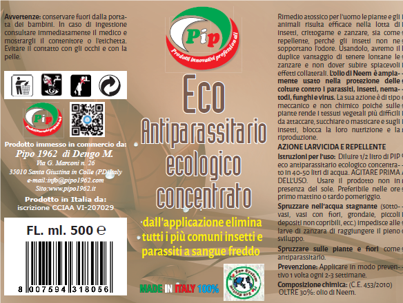 Pip Eco Alt-Parassiti, Antiparassitario Supercopncentrato Ecologico per Orto e Frutteti, FL. ml. 500