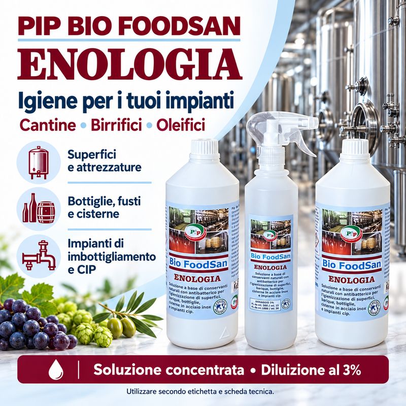 Pip Bio Foodsan Enologia Igienizzante con Antibatterico 2 FL. LT.1 + vapo pari a 60 Litri P.Uso. Per il settore Beverage: Impianti spinatura, Cantine, Birrifici e Qleifici a norma H.a.c.c.p.