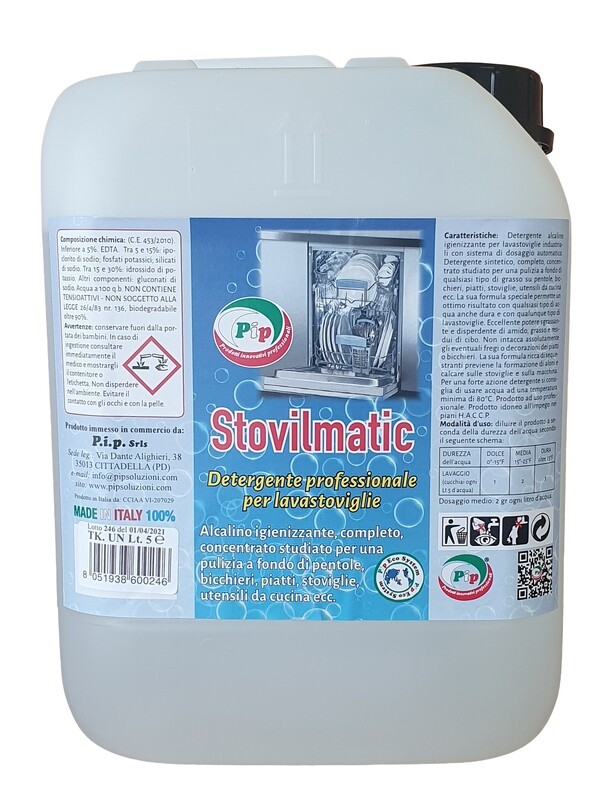 PIP Stovilmatic Detergente Lavastoviglie Professionale SENZA CLORO, Alcalino Igienizzante per Lavastoviglie Industriali, Sgrassante Forte Anticalcare HACCP, Alta Efficacia Anche con Acqua  TK UN LT. 5