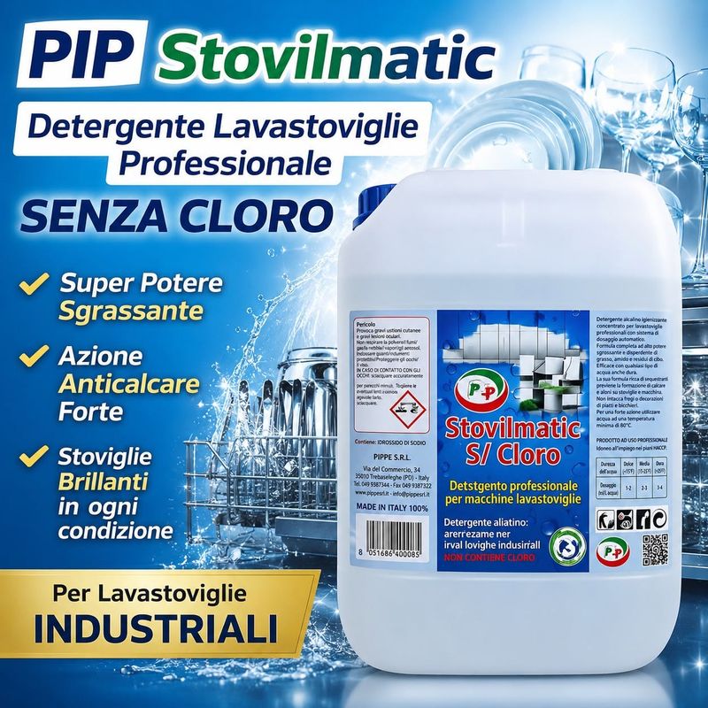 PIP Stovilmatic Detergente Lavastoviglie Professionale SENZA CLORO, Alcalino Igienizzante per Lavastoviglie Industriali, Sgrassante Forte Anticalcare HACCP, Alta Efficacia Anche con Acqua  TK UN LT. 5