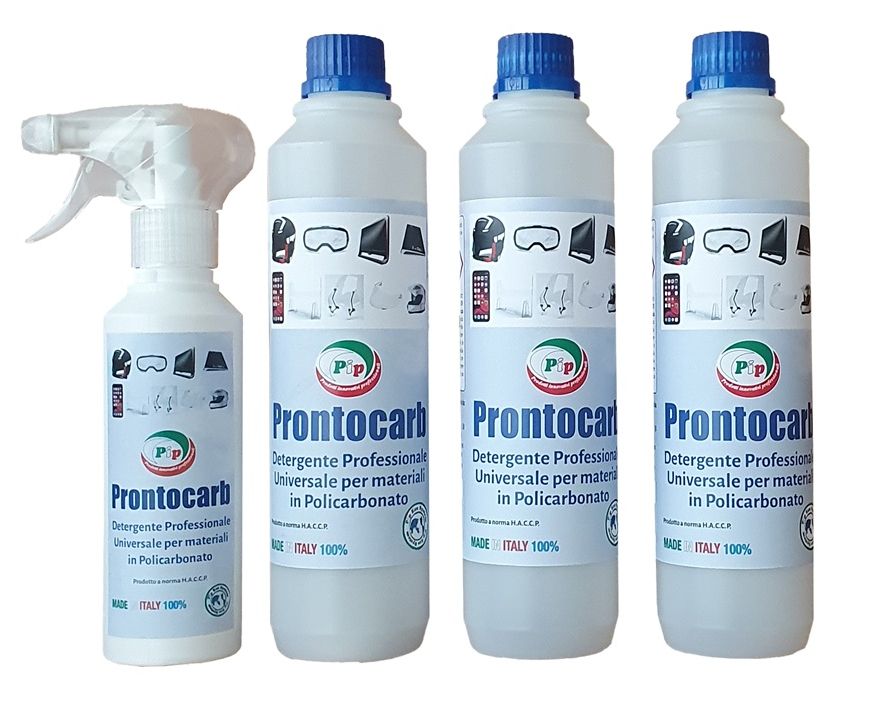 PIP Prontocarb Detergente per Casco Moto e Sci, Made in Italy – Pulitore per Plexiglass, Policarbonato, Visiera, Occhiali e Parabrezza – Rimuove Sporco e Polvere Senza Alcol – 3 Fl x 500ml + vapo