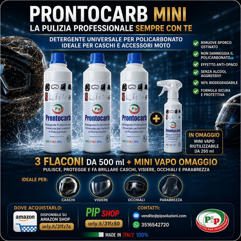 PIP Prontocarb Detergente per Casco Moto e Sci, Made in Italy – Pulitore per Plexiglass, Policarbonato, Visiera, Occhiali e Parabrezza – Rimuove Sporco e Polvere Senza Alcol – 3 Fl x 500ml + vapo