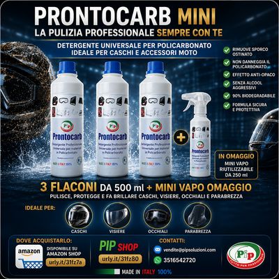 PIP Prontocarb Detergente per Casco Moto e Sci, Made in Italy – Pulitore per Plexiglass, Policarbonato, Visiera, Occhiali e Parabrezza – Rimuove Sporco e Polvere Senza Alcol – 3 Fl x 500ml + vapo