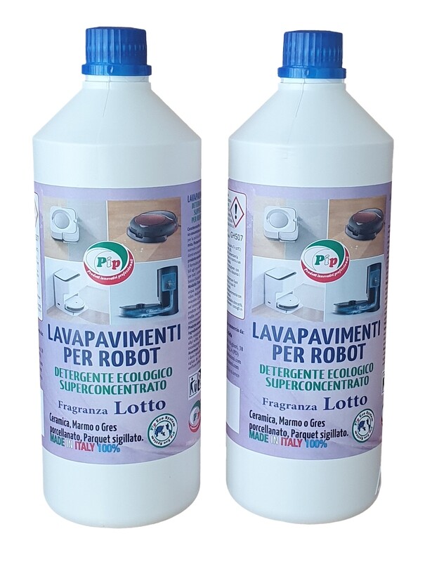 PIP Detergente Pavimenti Robot, Lavapavimenti per Robot Concentrato con Igienizzante, Senza Risciacquo, Multisuperficie, Profumo Lotto, Compatibile con tutti I Robot, Kit 2 FL. da 1 LT.