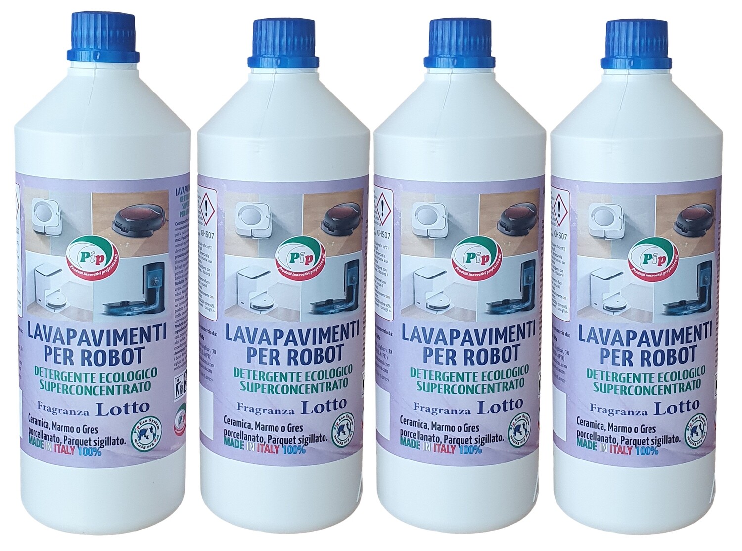 PIP Detergente Pavimenti Robot, Lavapavimenti per Robot Concentrato con Igienizzante, Senza Risciacquo, Multisuperficie, Profumo Lotto, Compatibile con tutti I Robot, Kit 2 FL. da 1 LT., Flaconi: 4 Flaconi LT 1