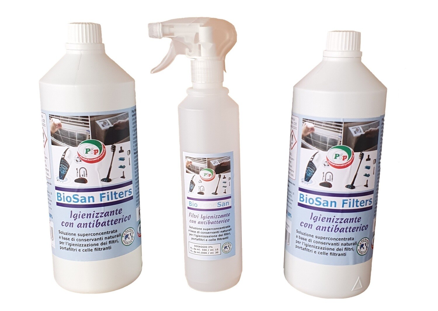 Pip BioSan Filters Igienizzante con Antibatterico  2 FL. LT.1 + vapo pari a 60 Litri P.Uso