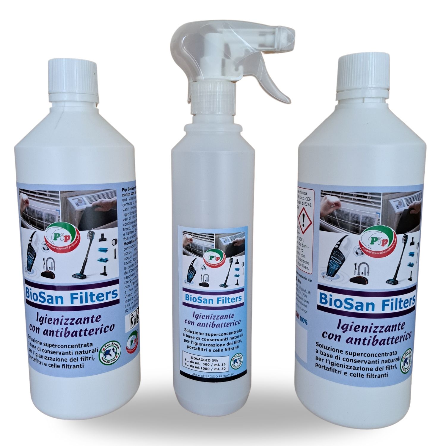Pip BioSan Filters Igienizzante con Antibatterico  2 FL. LT.1 + vapo pari a 60 Litri P.Uso. Per Filtri e Portafiltri, Split, Condizionatori e impianti UTA.