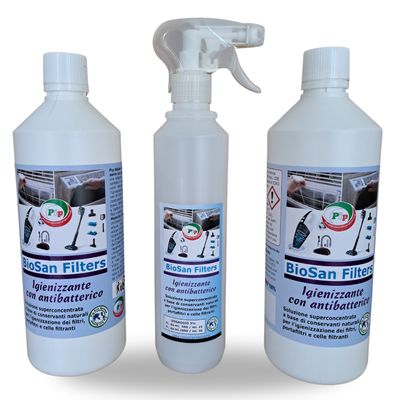 Pip BioSan Filters Igienizzante con Antibatterico  2 FL. LT.1 + vapo pari a 60 Litri P.Uso. Per Filtri e Portafiltri, Split, Condizionatori e impianti UTA.