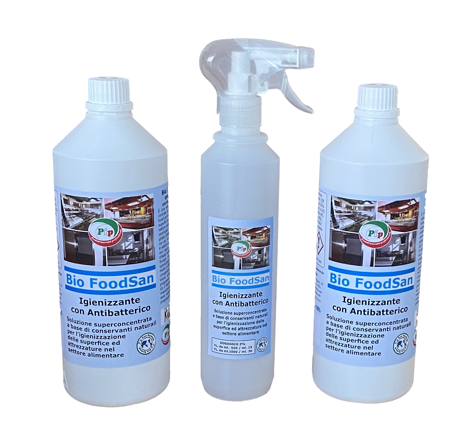 Pip Bio Foodsan Alimentari, Igienizzante con Antibatterico, 2 FL. LT.1 + vapo pari a 60 Litri P.Uso, per il settore alimentare: Cucine, Laboratori a norma H.A.C.C.P.