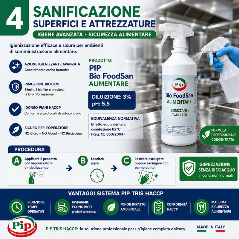 Pip Bio Foodsan Alimentari, Igienizzante con Antibatterico, 2 FL. LT.1 + vapo pari a 60 Litri P.Uso, per il settore alimentare: Cucine, Laboratori a norma H.A.C.C.P.