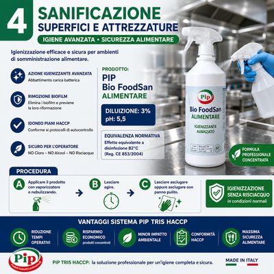 Pip Bio Foodsan Alimentari, Igienizzante con Antibatterico, 2 FL. LT.1 + vapo pari a 60 Litri P.Uso, per il settore alimentare: Cucine, Laboratori a norma H.A.C.C.P.