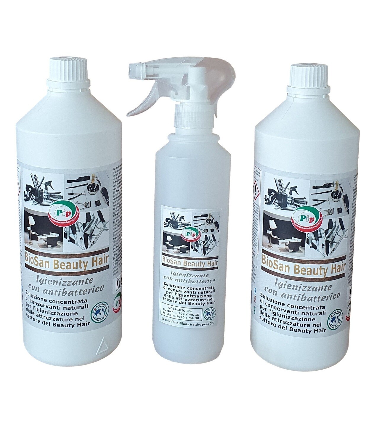 PIP BioSan Beauty Hair, Igienizzante Antibatterico per Strumenti dei Parrucchieri, Estetiste e Tatuatori. No Alcolico, a norma HACCP, Concentrato 2FL. LT.1  + Vapo, pari a 60 LT. P.Uso
