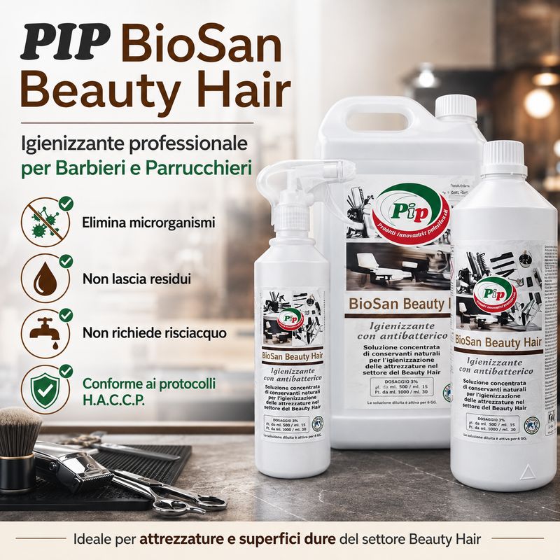 PIP BioSan Beauty Hair, Igienizzante Antibatterico per Strumenti dei Parrucchieri, Estetiste e Tatuatori. No Alcolico, a norma HACCP, Concentrato 2FL. LT.1  + Vapo, pari a 60 LT. P.Uso