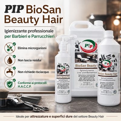 PIP BioSan Beauty Hair, Igienizzante Antibatterico per Strumenti dei Parrucchieri, Estetiste e Tatuatori. No Alcolico, a norma HACCP, Concentrato 2FL. LT.1 + Vapo, pari a 60 LT. P.Uso