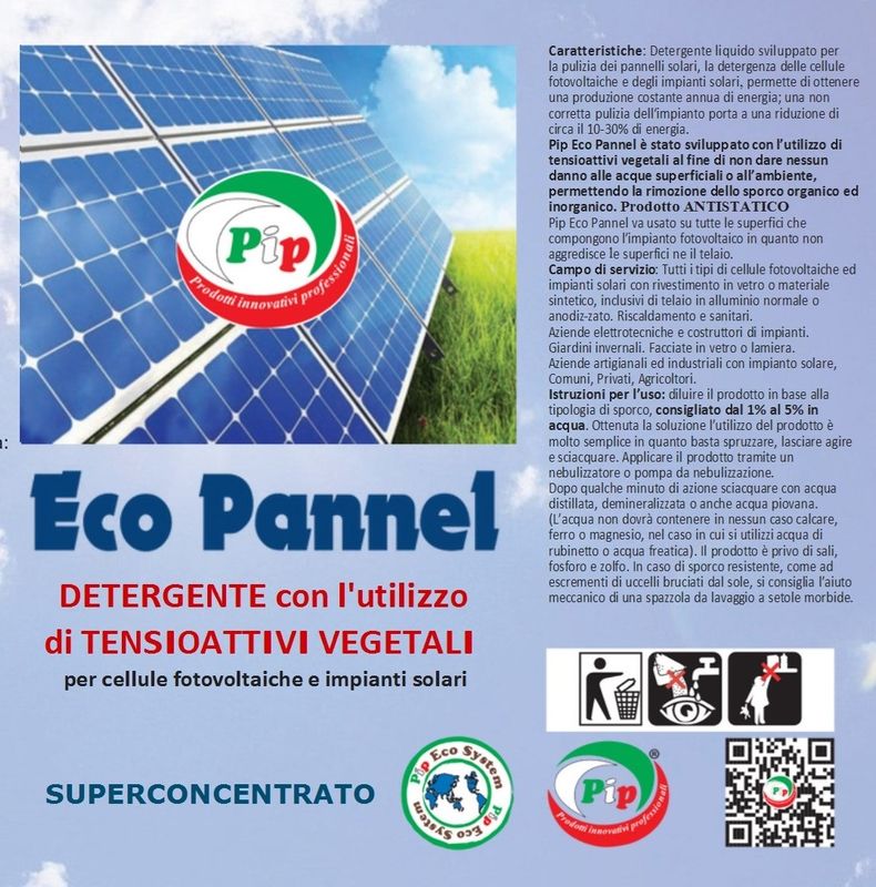 PIP Eco Pannel Concentrato Detergente per Pannelli Fotovoltaici Ecologico Kit da 3 pz x Lt.0,5 + Vapo, pari a 150 LT. P.Uso