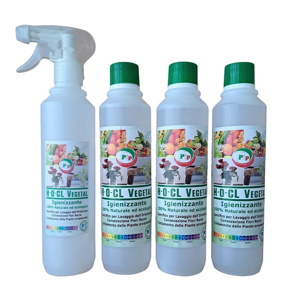 PIP  H-O-CL Vegetal, Detergente Igienizzante 100% Naturale ed Ecologico Superconcetrato 3FL.ml.500+ Vapo - Specifico per il lavaggio dell'ortofrutta, conservazione fiori recisi e piante ornamentali.