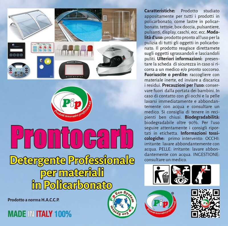 PIP Detergente Policarbonato Prontocarb, Detergente Spray Specifico Barriere Protettive in Plexiglass, Box Doccia, Sedie, Casco Moto, Tettoia, Pulizia Professionale, Pronto all'uso, TK UN LT. 5