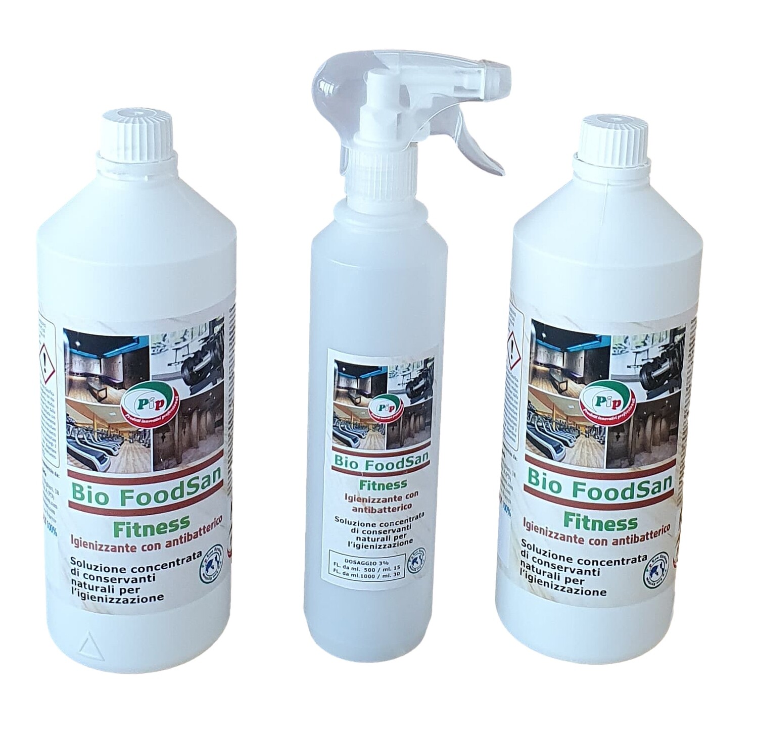 PIP BioSan Fitness, Igienizzante Antibatterico per Strumenti Fitness,  No Risciacquo, No Alcolico, a norma HACCP, Naturale, Concentrato 2FL. LT.1 + Vapo pari a 60 LT. P.Uso