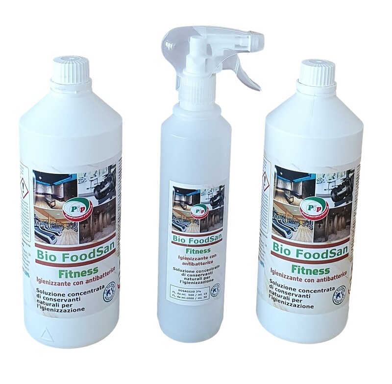 PIP BioSan Fitness, Igienizzante Antibatterico per Strumenti Fitness, No Risciacquo, No Alcolico, a norma HACCP, Naturale, Concentrato 2FL. LT.1 + Vapo, pari a 60 LT. P.Uso PIP BioSan Fitness, Igienizzante Antibatterico per Strumenti Fitness, No Risciacquo, No Alcolico, a norma HACCP, Naturale, Concentrato 2FL. LT.1 + Vapo, pari a 60 LT. P.Uso
