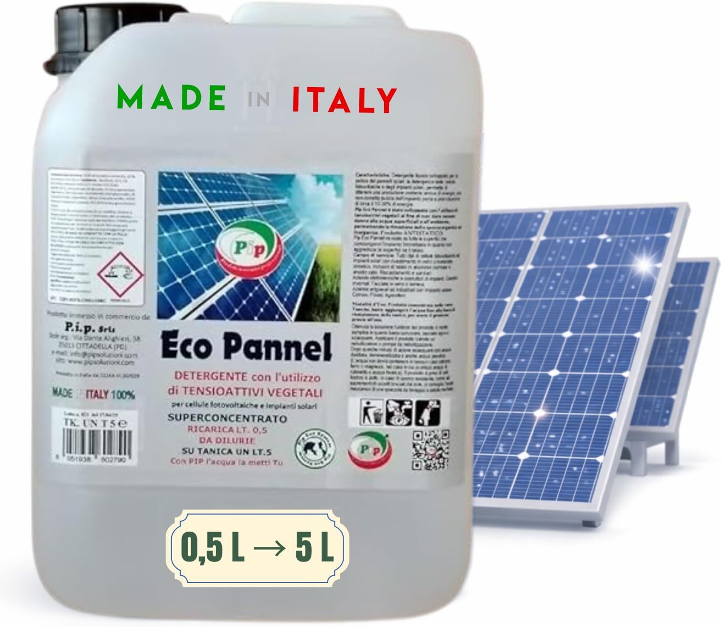 PIP Eco Pannel, Detergente per Pannelli Fotovoltaici Ricarica Concentrato LT. 0,5 da Diluire in Tanica da 5 Litri. Pulizia Professionale del Pannello Solare, Vegetale ed Ecologico