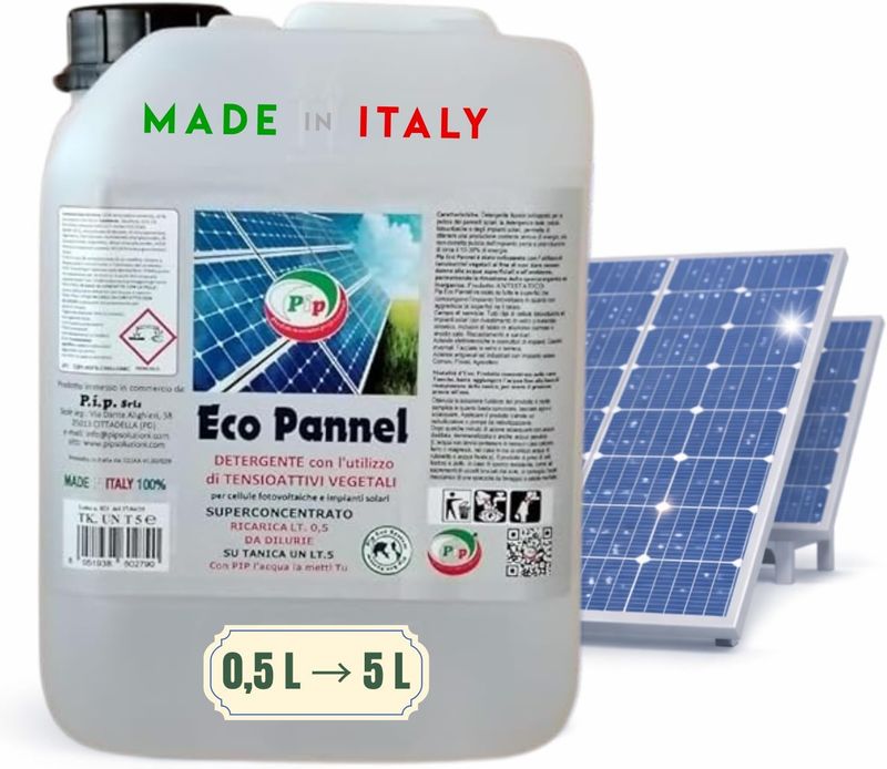 PIP Eco Pannel, Detergente per Pannelli Fotovoltaici Ricarica Concentrato LT. 0,5 da Diluire in Tanica da 5 Litri. Pulizia Professionale del Pannello Solare, Vegetale ed Ecologico