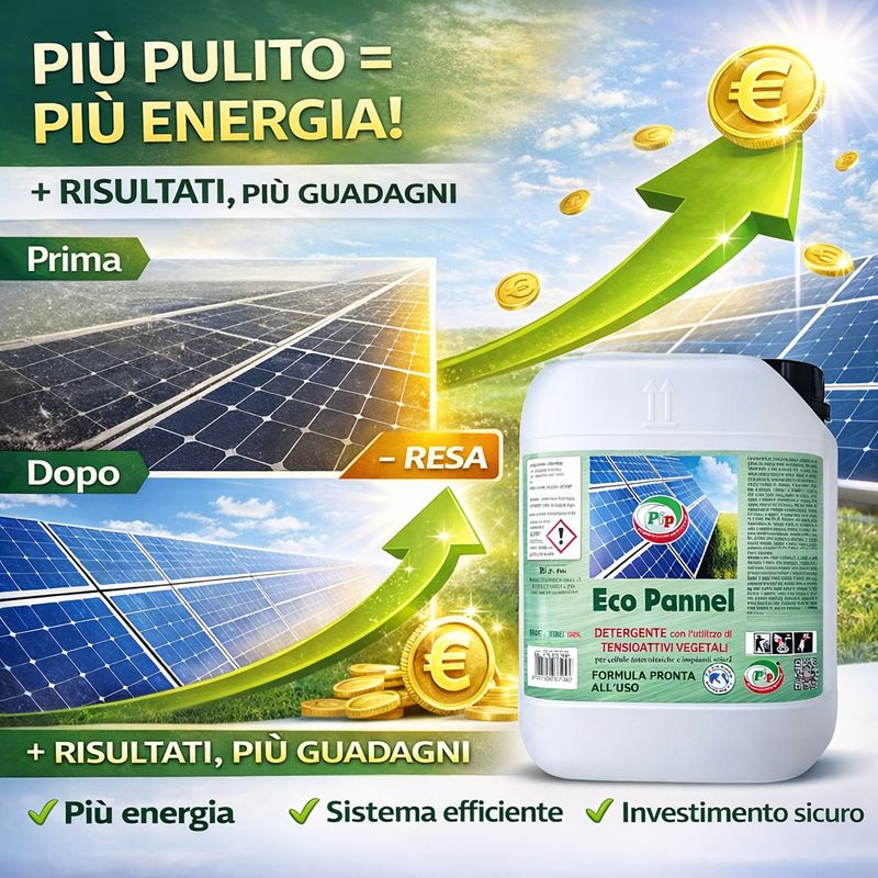 PIP Eco Pannel, Detergente per Pannelli Fotovoltaici Pronto all'Uso, Pulizia Professionale del Pannello Solare, Vegetale ed Ecologico, Tanica da 10 LT. per 100 mq