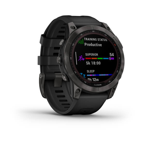 Garmin Fenix 7 Sapphire Solar Titanium Carbon Grey DLC con cinturino Black Garmin Fenix 7 Sapphire Solar Titanium Carbon Grey DLC con cinturino Black