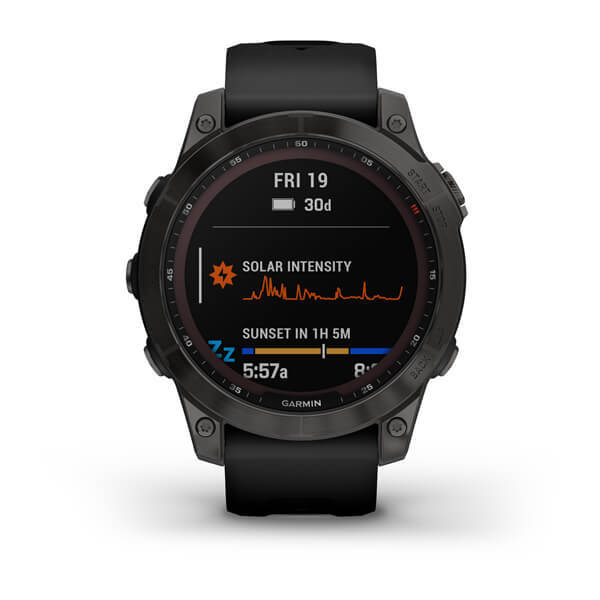 Garmin Fenix 7 Sapphire Solar Titanium Carbon Grey DLC con cinturino Black Garmin Fenix 7 Sapphire Solar Titanium Carbon Grey DLC con cinturino Black