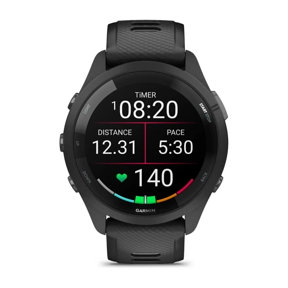 Garmin Forerunner 265 Lunetta e cassa nera con cinturino in silicone nero/grigio polvere Garmin Forerunner 265 Lunetta e cassa nera con cinturino in silicone nero/grigio polvere