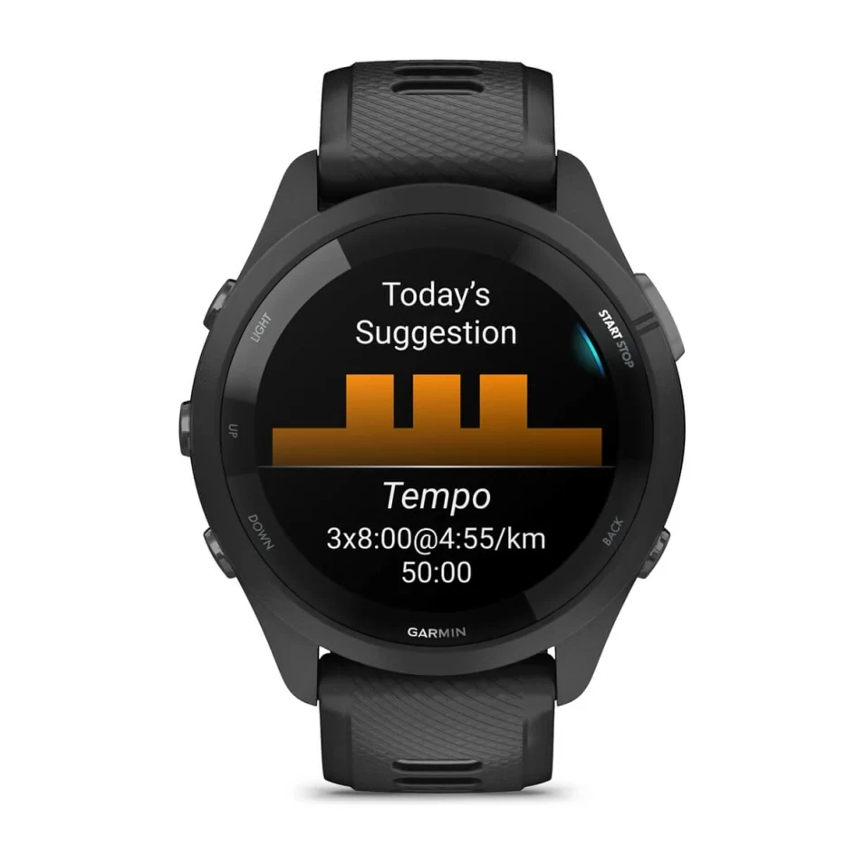 Garmin Forerunner 265 Lunetta e cassa nera con cinturino in silicone nero/grigio polvere Garmin Forerunner 265 Lunetta e cassa nera con cinturino in silicone nero/grigio polvere