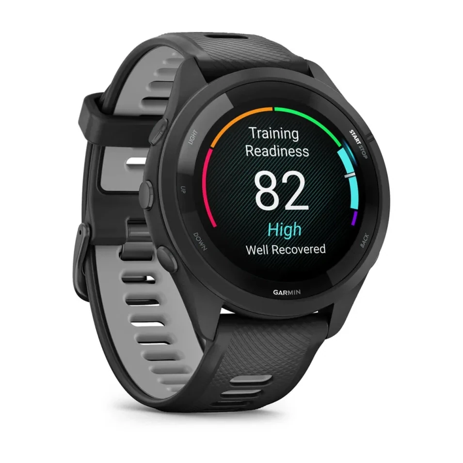 Garmin Forerunner 265 Lunetta e cassa nera con cinturino in silicone nero/grigio polvere Garmin Forerunner 265 Lunetta e cassa nera con cinturino in silicone nero/grigio polvere