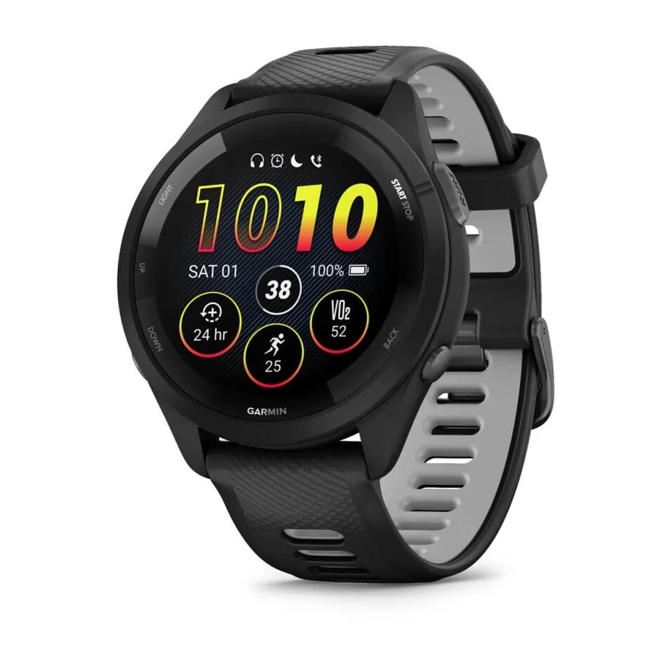 Garmin Forerunner 265 Lunetta e cassa nera con cinturino in silicone nero/grigio polvere
